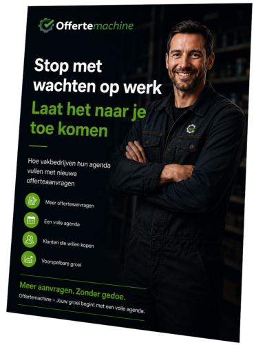 Smiling man in a black work jacket beside Dutch ad text: 'Stop met wachten op werk; Laat het naar je toe komen.'